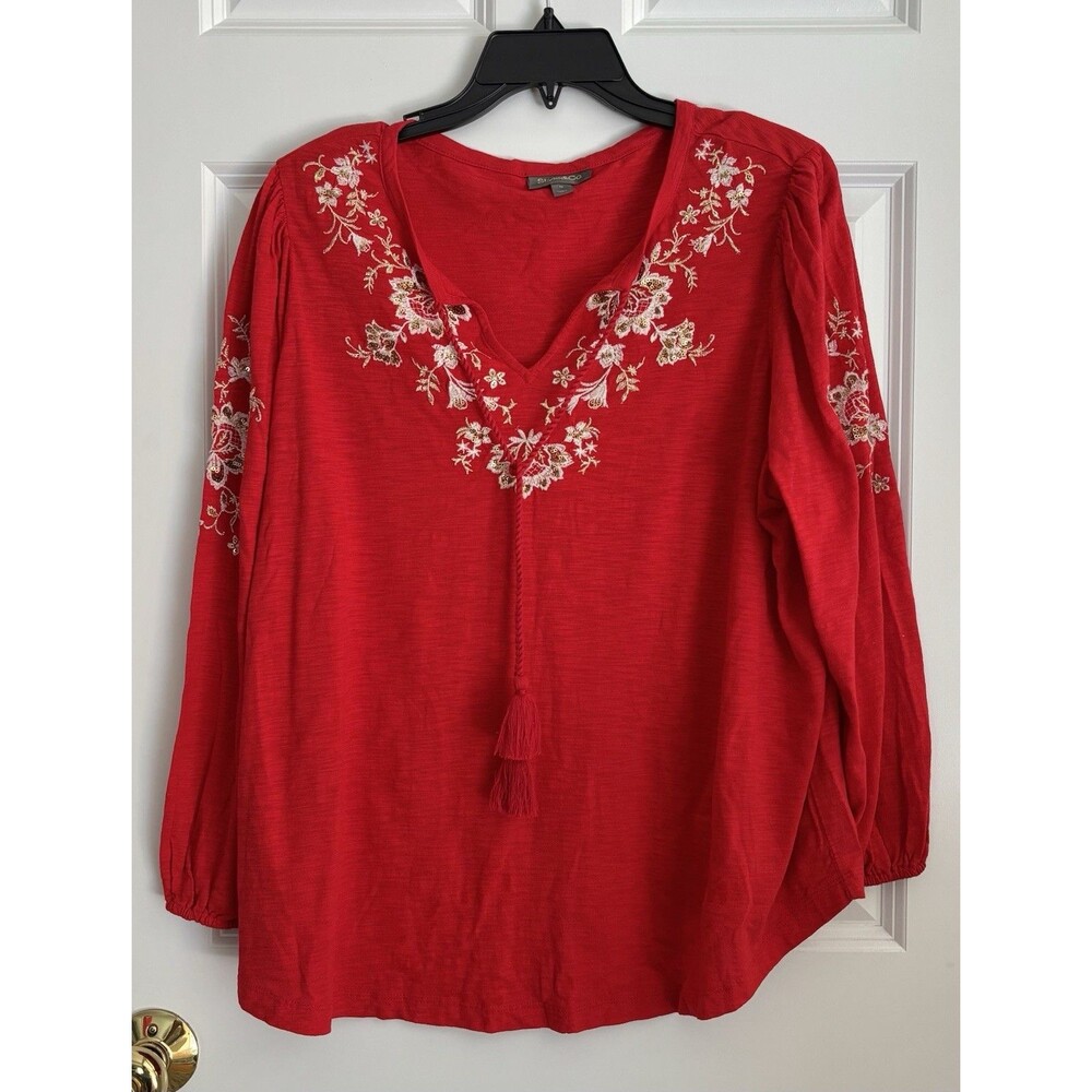STYLE & CO. WOMEN'S TOPS RED SIZE 1X LONG SLEEVE PULLON EMBROIDERED PEASANT BOHO
